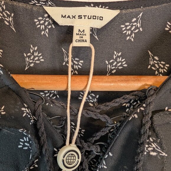 NWT Max Studio Womens Medium Midi Dress Black Long Sleeve Drop Waist Ruffle Trim - Picture 9 of 13